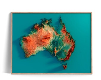 Australia - Elevation Map (Spectral) - 2D Poster Shaded Relief Map, Fine Art Wall Decor, Travel Poster