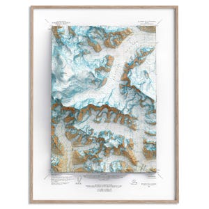 Mt Bona (Alaska, USA) Topographic Map of 1966 - 2D Poster Shaded Relief Map, Fine Art Wall Decor, Vintage Gift Print, Geography Art