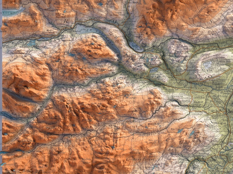 Inverness (Scotland, UK), Topographic map - 1912, 2D printed shaded relief map with 3D effect of a 1912 topographic map of Inverness (Scotland, UK). Vintage maps digitally restored and enhanced with a 3D effect.