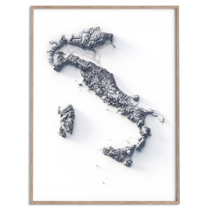Carte des reliefs de l'Italie (blanc) - carte en relief ombragé, affiche 2D, décoration murale beaux-arts, affiche de voyage géographie