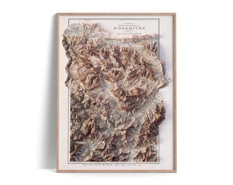 Dolomites (Italy) Topographic Map of 1904 - 2D Poster Shaded Relief Map, Fine Art Wall Decor, Vintage Gift Print, Geography Travel Art