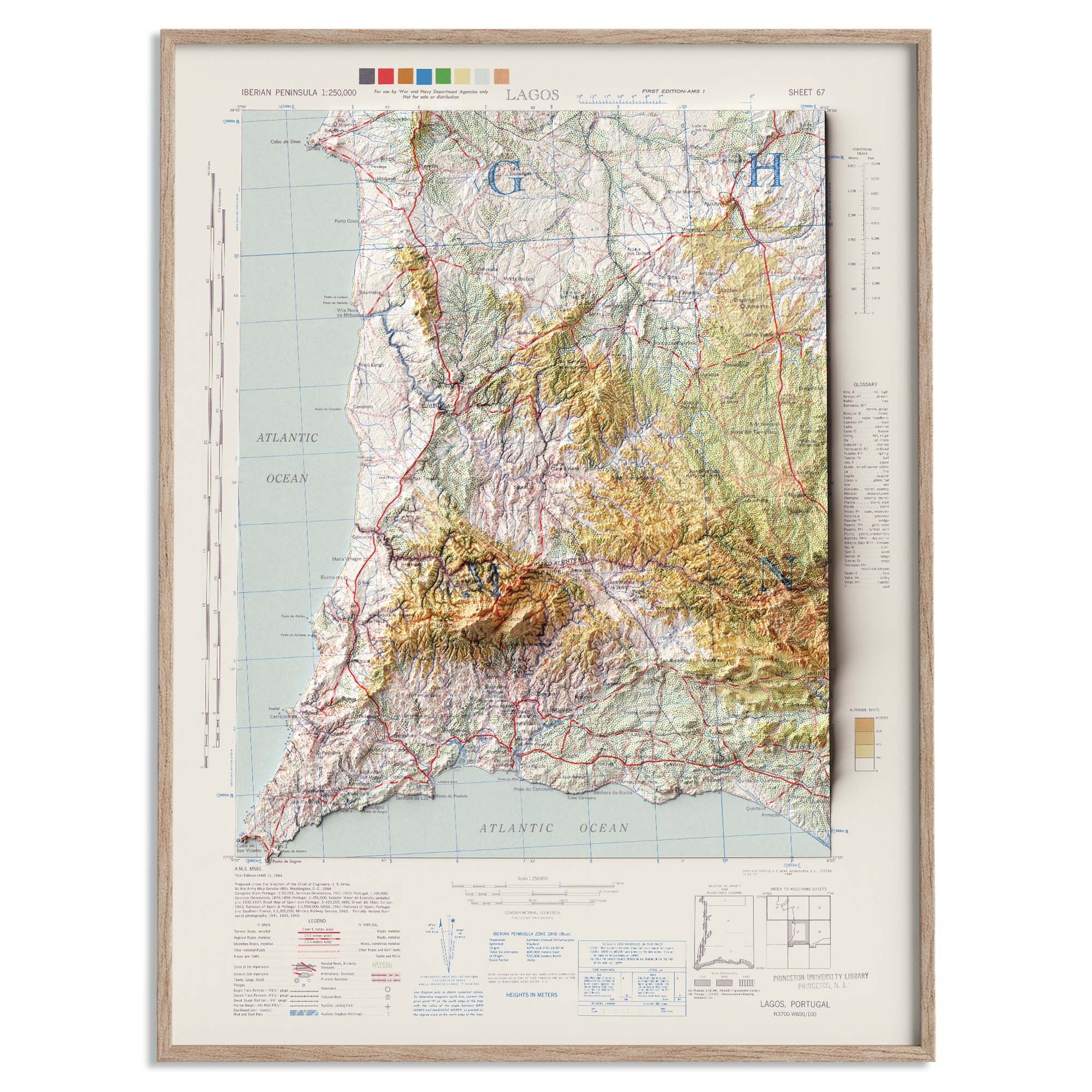 Lagos (Portugal) Topographic Map of 1944 - 2D Poster Shaded Relief Map, Fine Art Wall Decor, Vintage Gift Print, Geography Travel Art