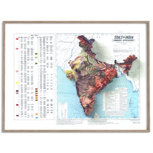 Carte des sols de l'Inde de 1985 - carte en relief ombragé affiche 2D, décoration murale fine art, impression cadeau vintage, art de voyage géographie