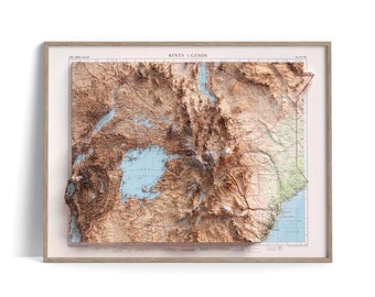 Kenya Uganda Topographic Map of 1956 - 2D Poster Shaded Relief Map, Fine Art Wall Decor, Vintage Gift Print, Geography Travel Art