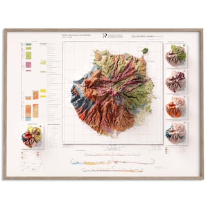 Mapa geológico de Gran Canaria (España) de 1990: póster 2D con relieve sombreado, decoración de pared de bellas artes, impresión de regalo vintage, arte de viajes geográficos