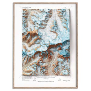 Mt University Peak (Alaska, USA) Topographic Map of 1966 - 2D Poster Shaded Relief Map, Fine Art Wall Decor, Vintage Print, Geography Art