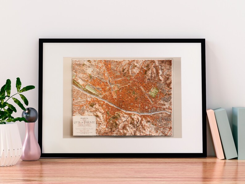 Florence Italy City Map of 1936 2D Poster Shaded Relief Map, Fine Art Wall Decor, Vintage Gift Print, Geography Travel Art image 3