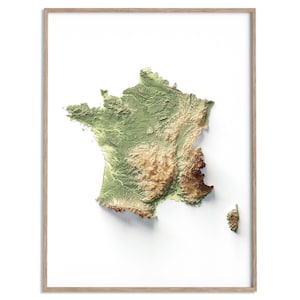 France Elevation Map (Geo) - 2D Poster Shaded Relief Map, Fine Art Wall Decor, Geography Travel Poster