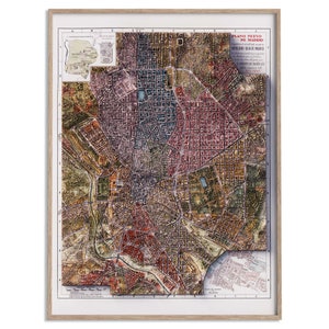 Plan de la ville de Madrid (Espagne) de 1940 - carte en relief ombragé affiche 2D, décoration murale beaux-arts, impression cadeau vintage, art de voyage géographie