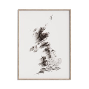 United Kingdom - Elevation Map (White) - 2D Poster Shaded Relief Map, Fine Art Wall Decor, Travel Poster