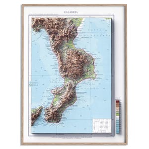 Carte topographique de la Calabre (Italie) de 1930 - carte en relief ombragé affiche 2D, décoration murale beaux-arts, impression cadeau vintage, art de voyage géographie