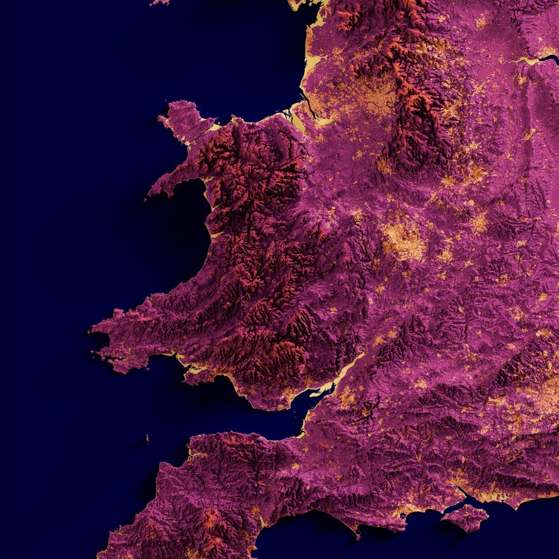 Great Britain, UK Elevation Map Magma 2D Poster Shaded Relief Map, Fine Art Wall Decor, Travel Poster image 5