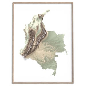 Kolumbien Landkarte (Geo) - 2D Poster Shaded Relief Map, Fine Art Wand Dekoration, Geographie Reise Poster