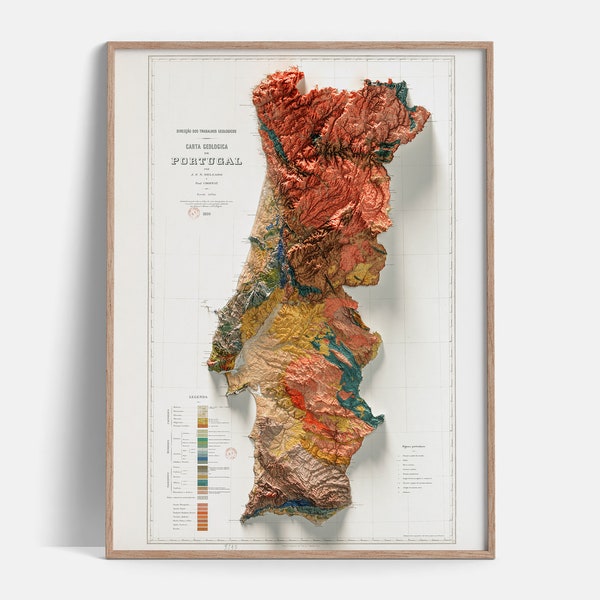 Portugal Geological Map of 1899 - 2D Poster Shaded Relief Map, Fine Art Wall Decor, Vintage Gift Print, Geography Travel Art