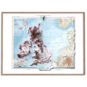 Carte topographique des îles britanniques et irlandaises de 1911 - carte en relief ombragé affiche 2D, décoration murale beaux-arts, impression cadeau vintage, art de voyage géographie