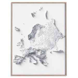 Carte d'altitude de l'Europe (blanche) - carte en relief ombragé affiche 2D, décoration murale beaux-arts, affiche de voyage géographie