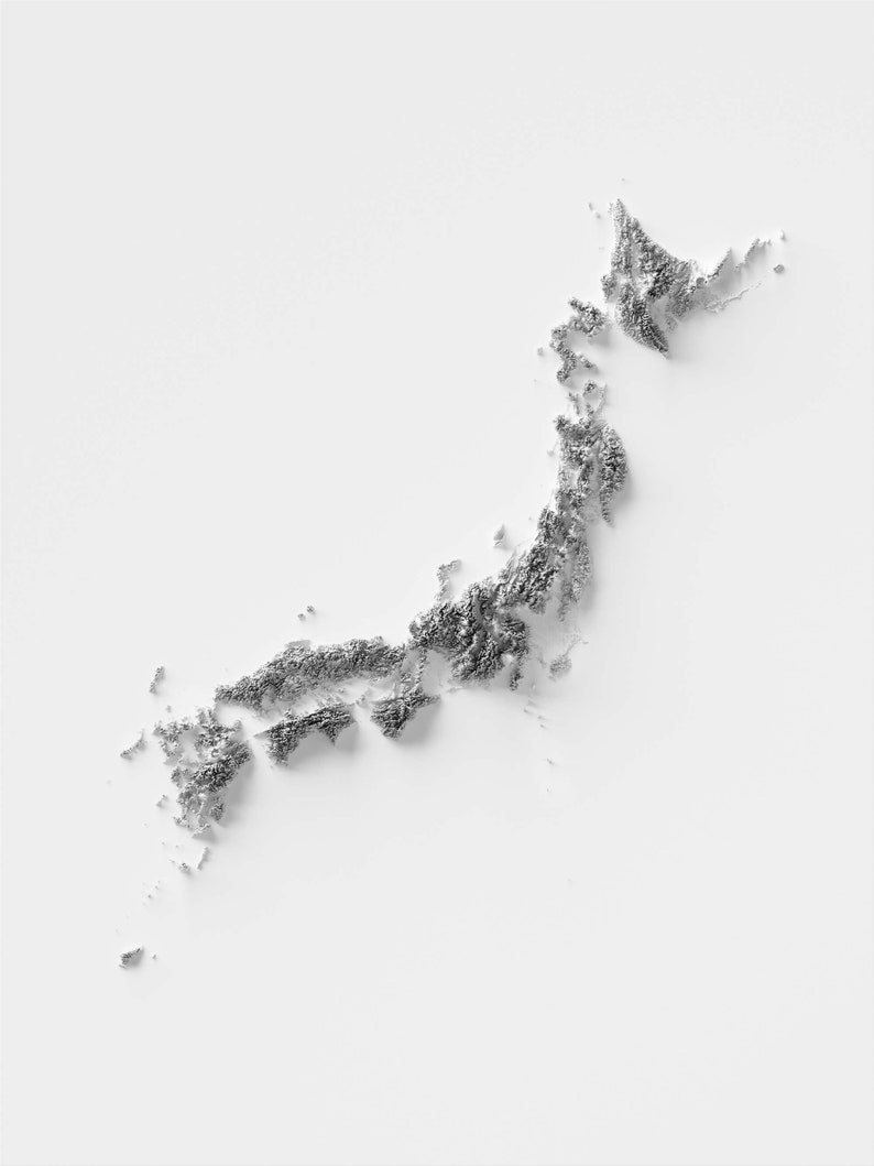 Japan Elevation Map - White Edition - Modern Flat Shaded Relief Print ...