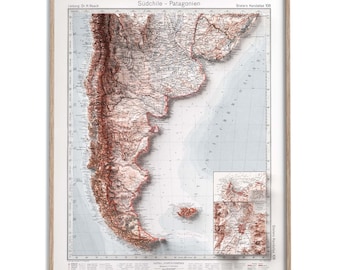 Patagonia Topographic Map of 1925 - 2D Poster Shaded Relief Map, Fine Art Wall Decor, Vintage Gift Print, Geography Travel Art