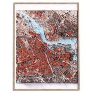 Plan de la ville d'Amsterdam (Pays-Bas) de 1914 - carte en relief ombragé affiche 2D, décoration murale beaux-arts, impression cadeau vintage, art de voyage géographie