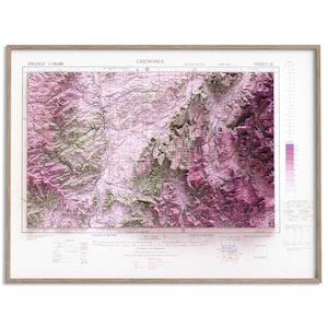 Carte topographique de Grenoble (France) de 1943 - carte en relief ombragé affiche 2D, décoration murale beaux-arts, impression cadeau vintage, art de voyage géographie