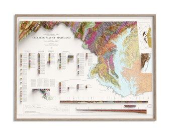 Maryland (USA) Geological Map of 1968 - 2D Poster Shaded Relief Map, Fine Art Wall Decor, Vintage Gift Print, Geography Travel Art