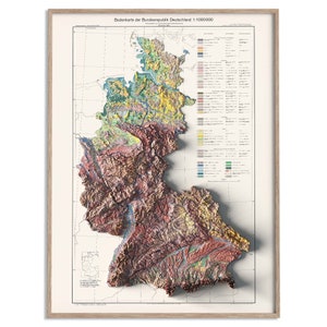Carte des sols de l'Allemagne de l'Ouest de 1963 - carte en relief ombragé affiche 2D, décoration murale beaux-arts, impression cadeau vintage, art de voyage géographie