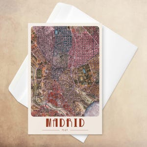 Biglietto d'auguri con mappa della città di Madrid - Planimetria vintage in rilievo ombreggiato, illustrazione di mappa di cancelleria, biglietto regalo per anniversario - 6''x4''