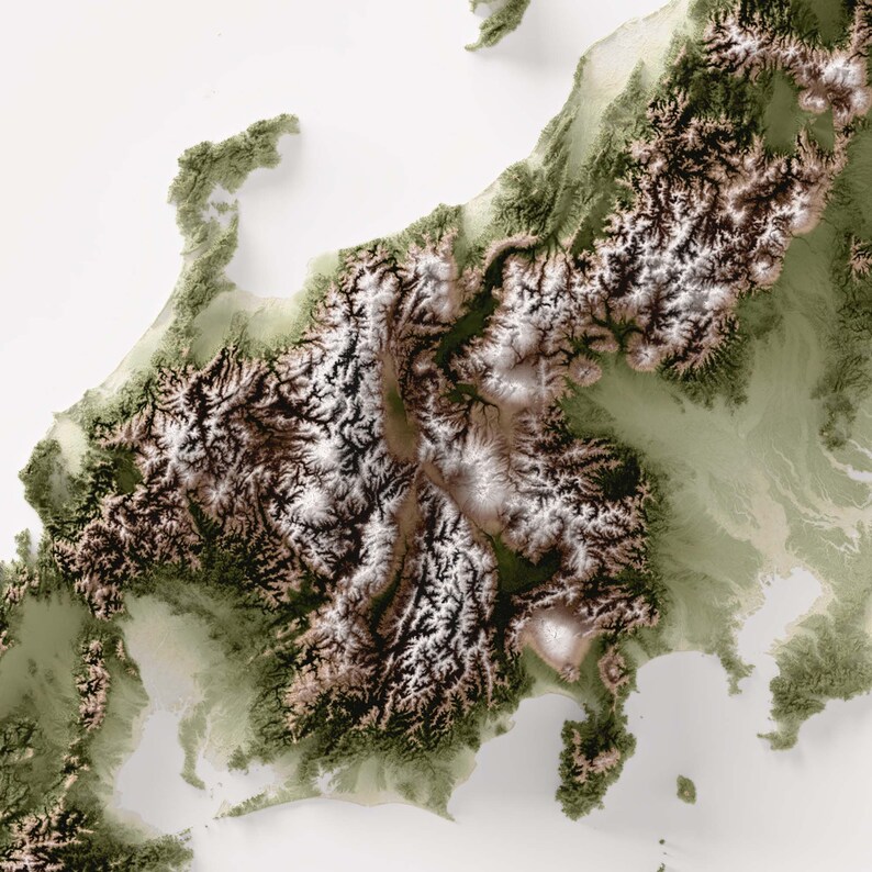 Japan Elevation Map (geo) - 2D Poster Shaded Relief Map, Fine Art Wall ...
