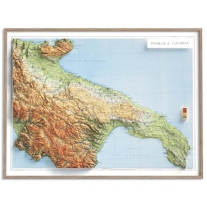 Apulia and Lucania (Italy) Topographic Map of 1950 - 2D Poster Shaded Relief Map, Fine Art Wall Decor, Vintage Gift Print, Geography Travel