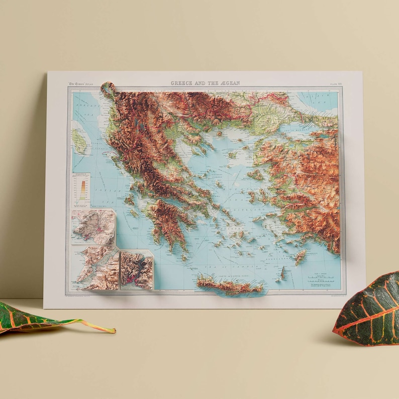 Greece, Topographic map - 1922, 2D printed shaded relief map with 3D effect of a 1922 topographic map of Greece. Shop our beautiful fine art printed maps on supreme Cotton paper. Vintage maps digitally restored and enhanced with a 3D effect.