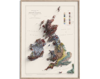 British-Irish Isles Geological Map of 1906 - 2D Poster Shaded Relief Map, Fine Art Wall Decor, Vintage Gift Print, Geography Travel Art