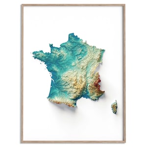 Carte des élévations de la France (spectrale) - carte en relief ombragé affiche 2D, décoration murale beaux-arts, affiche de voyage géographie