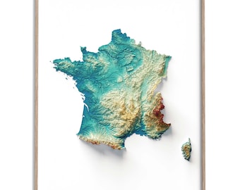 Carte des élévations de la France (spectrale) - carte en relief ombragé affiche 2D, décoration murale beaux-arts, affiche de voyage géographie