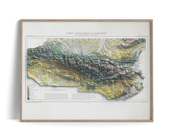 Pyrenees (France, Spain) Geological Map of 1891 - 2D Poster Shaded Relief Map, Fine Art Wall Decor, Vintage Gift Print, Geography Travel Art