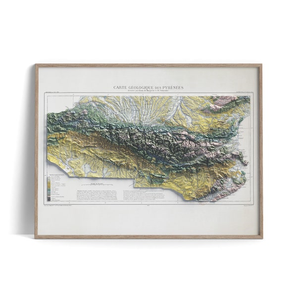 Carte géologique des Pyrénées (France, Espagne) de 1891 - carte en relief ombragé affiche 2D, décoration murale beaux-arts, impression cadeau vintage, art de voyage géographie