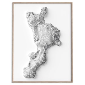 Carte des reliefs de la Calabre (Italie) (blanc) - affiche 2D carte en relief ombragé, décoration murale beaux-arts, affiche de voyage géographie