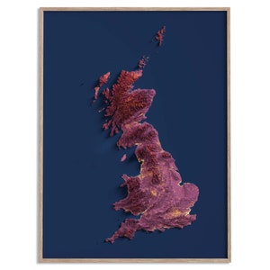 Großbritannien (Vereinigtes Königreich) Höhenkarte (Magma) - 2D Poster Schattierte Reliefkarte, Fine Art Wanddekoration, Geographie Reiseplakat
