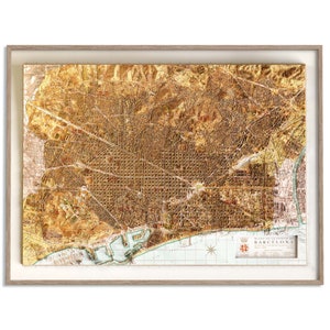 Mapa da cidade de Barcelona (Espanha) de 1962 - Mapa em relevo sombreado em pôster 2D, decoração de parede de belas artes, impressão de presente vintage, arte de viagem geográfica