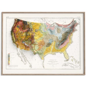 United States of America Geological Map of 1874 - 2D Poster Shaded Relief Map, Fine Art Wall Decor, Vintage Gift Print, Geography Travel Art