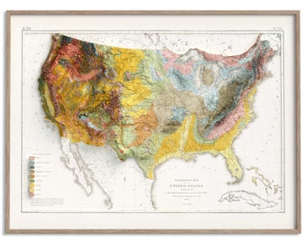 Pode incluir: Um mapa geológico vintage dos Estados Unidos, mostrando as diferentes formações rochosas e características geológicas do país. O mapa está em um formato emoldurado e apresenta uma chave de cores para identificar os diferentes períodos geológicos.