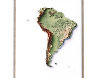 Mapa wysokościowa Ameryki Południowej – edycja Geo – nowoczesny, płaski, cieniowany wydruk reliefowy