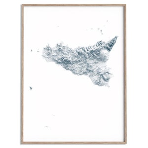 Sicily (Italy) Elevation Map (White) - 2D Poster Shaded Relief Map, Fine Art Wall Decor, Geography Travel Poster