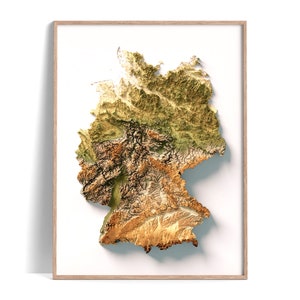 Germany Elevation Map Geo 2D Poster Shaded Relief Map, Fine Art Wall Decor, Travel Poster image 1