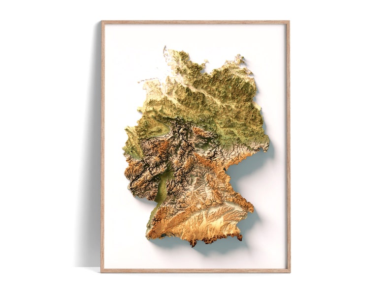 Germany Elevation Map Geo 2D Poster Shaded Relief Map, Fine Art Wall Decor, Travel Poster image 1