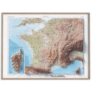 Carte topographique de la France de 1955 - carte en relief ombragé affiche 2D, décoration murale fine art, impression cadeau vintage, art de voyage géographie