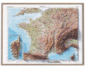 Carte topographique de la France de 1955 - carte en relief ombragé affiche 2D, décoration murale fine art, impression cadeau vintage, art de voyage géographie