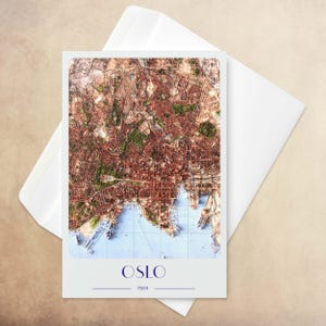 Biglietto d'auguri con mappa della città di Oslo - Planimetria vintage in rilievo ombreggiato, illustrazione di mappa di cancelleria, biglietto regalo per anniversario - 6''x4''