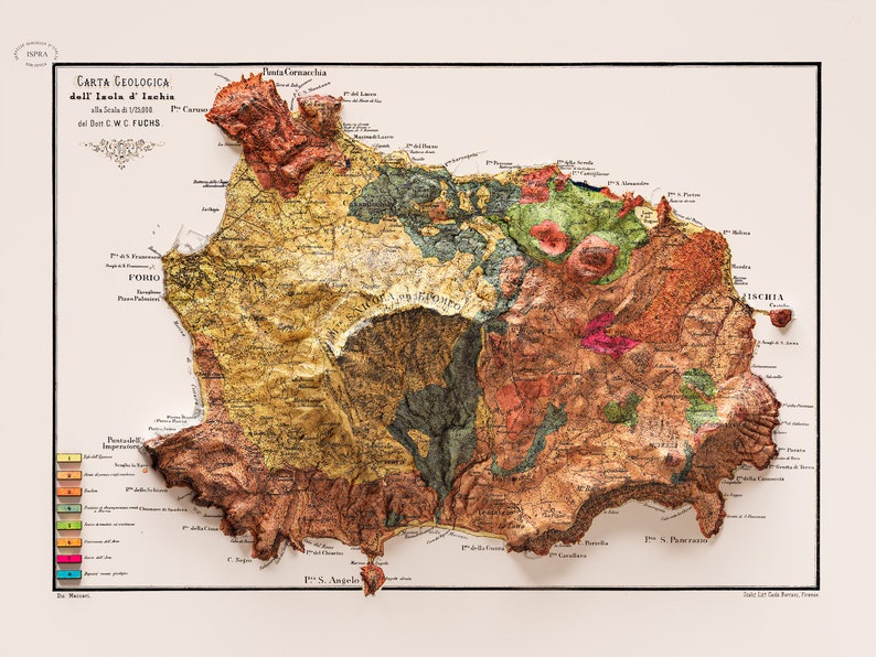 Ischia Italy Geological Map of 1873 2D Poster Shaded Relief Map, Fine Art Wall Decor, Vintage Gift Print, Geography Travel Art image 2