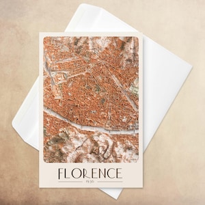 Biglietto d'auguri con mappa della città di Firenze - Planimetria vintage in rilievo ombreggiato, illustrazione di mappa per cancelleria, biglietto regalo per anniversario - 15x10 cm