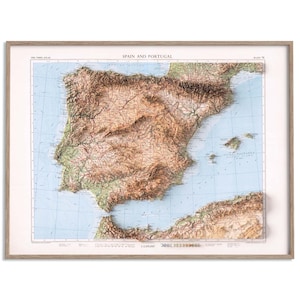 Iberian Peninsula 1956 Topographic Map: Vintage Flat Shaded Relief Print Art